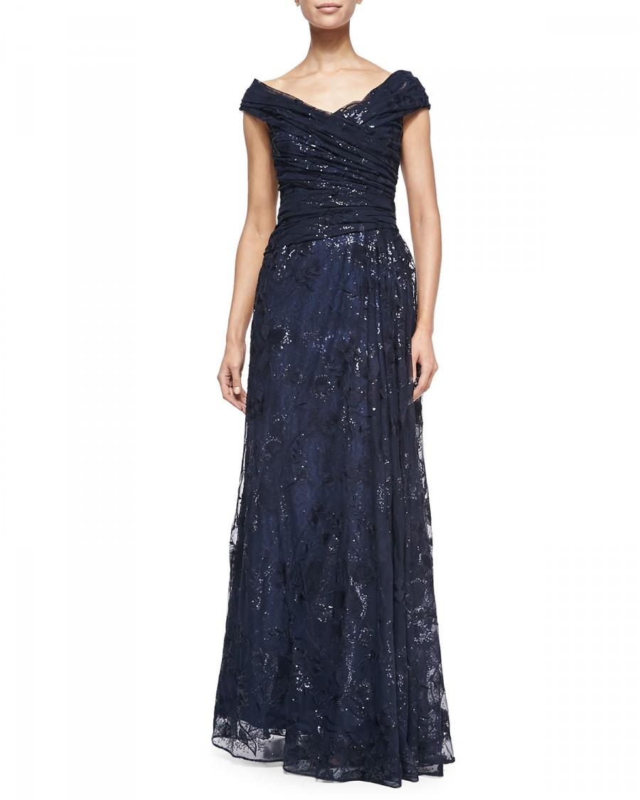 زفاف - Liancarlo 				 			 		 		 	 	   				 				Off-the-Shoulder Metallic Lace Gown, Navy