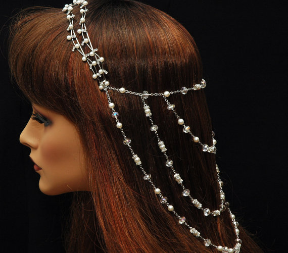 Wedding - Wedding Pearl Headpiece, Bridal Headpiece, The Great Gatsby Head Piece,Crystal Chain Headpiece, 1920s Hair Piece, Hair Jewellery