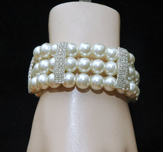 Wedding - Bridal Pearl Bracelet, Wedding Bracelet, Pearl Jewelry, Wedding Accessories, Gifts for Her, Rhinestone Bracelet, Vintage Style