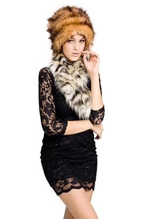 زفاف - Faux fox fur fur hat with lynx fur scarf
