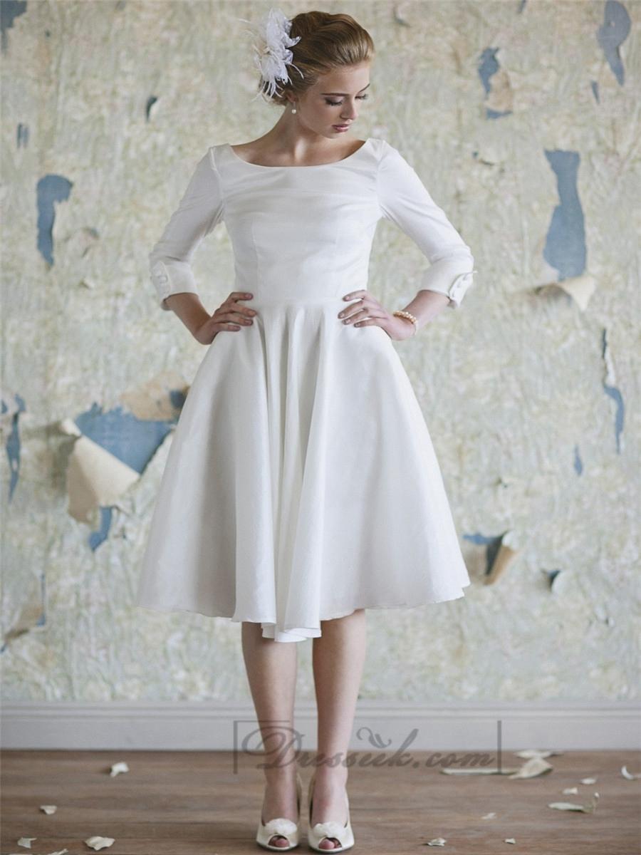 Mariage - Classic Vintage A-line 3/4 Length Sleeves Tea Length Wedding Dresses