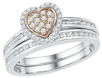 زفاف - 1/4 CT. T.W.  Round Diamond Prong Set Heart Bridal Ring in Sterling Silver with 10K Pink Gold