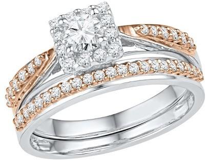 زفاف - 1/2 CT. T.W. Women's Round Diamond Prong Set Bridal Ring in Sterling Silver with 10K Pink Gold