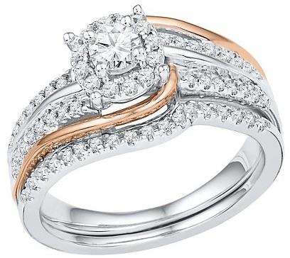 زفاف - 1/2 CT. T.W.  Round Diamond Prong Set Bridal Ring with 10K Pink Gold in Sterling Silver