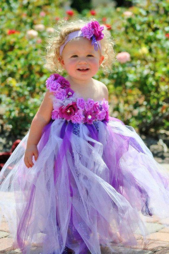 Wedding - Girl's Long Tutu Dress With Flowers And Headband- Flower Girl, Wedding, Fairy Costume, Halloween, Pageants, Photos