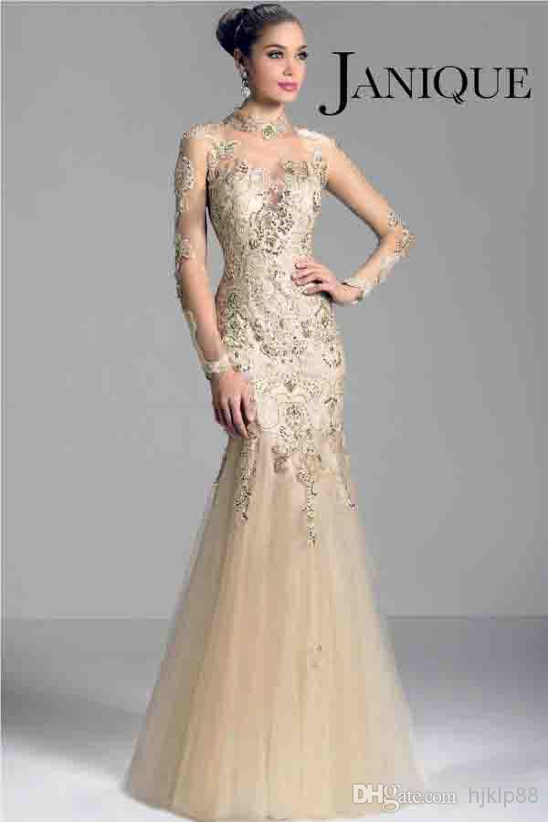 Wedding - Discount Janique W321 Champagne 2014 Long Sleeve Mother of the Bride Dresses Sheer High Neck Lace Applique Beads Mermaid Prom Evening Formal Gowns Online with $106.81/Piece 