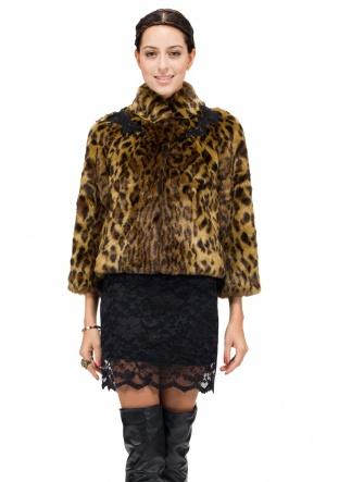 زفاف - Faux leopard printing mink fur with black lace trim women short coat