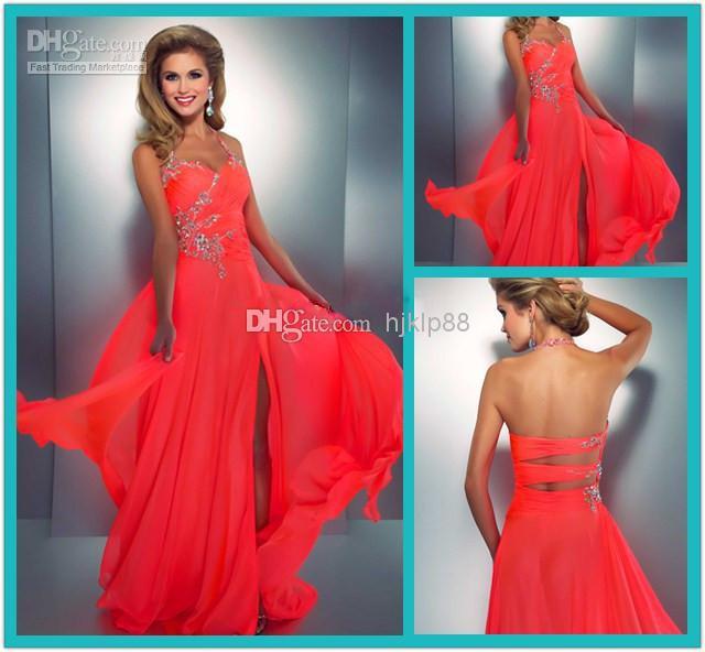 Wedding - Cheap 2014 Coral - Discount 2014 Coral Colored Prom Dresses Crystal Embellished Halter Slit Chiffon Bright Hot Pink Prom Dress Sexy Low Back Cut out Neon Coral Gown Online with $81.6/Piece 