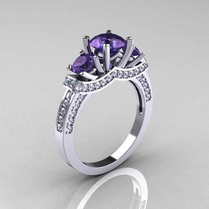 Hochzeit - French 18K White Gold Three Stone Alexandrite Diamond Wedding Ring, Engagement Ring R182-18KWGDAL
