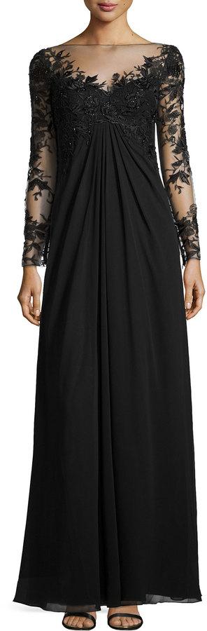 Hochzeit - Monique Lhuillier Bridesmaids Embroidered Sleeve & Bodice Gown, Black