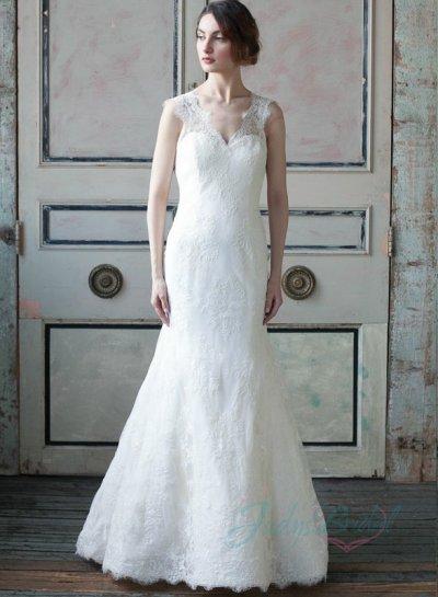 Hochzeit - romantic illusion lace low v back sheath bridal wedding dress