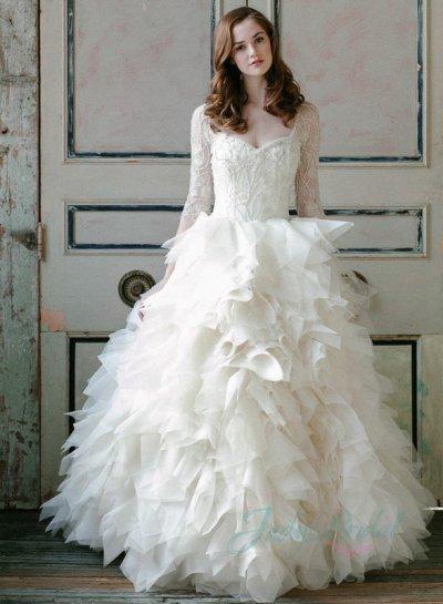 Hochzeit - sweetheart sheer 3/4 length sleeved ruffles ball gown wedding dress