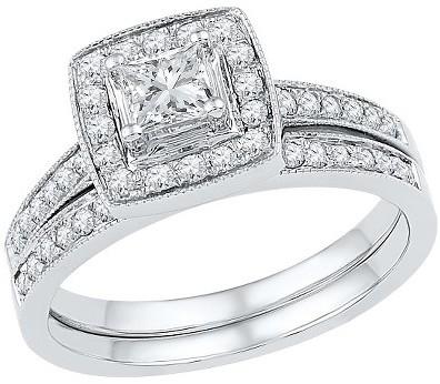 زفاف - 3/4 CT. T.W. Round Diamond Prong and Pave Set Bridal Ring in 10K White Gold