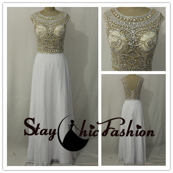Hochzeit - Gold Rhinestone Beaded Illusion Top Low Back White Long Chiffon Evening Prom Dress