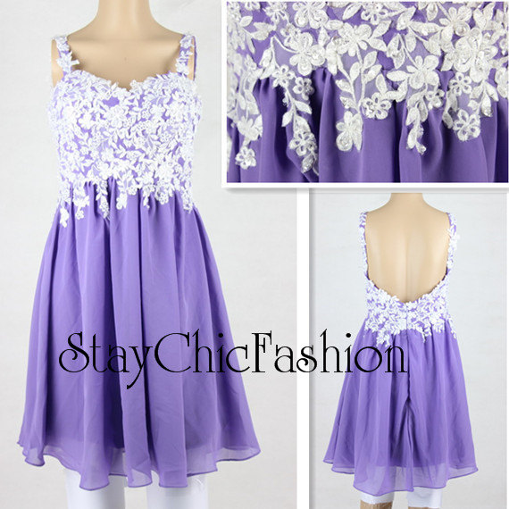 Wedding - Purple Short Floral Lace Embellished Top Cocktail Party Dress