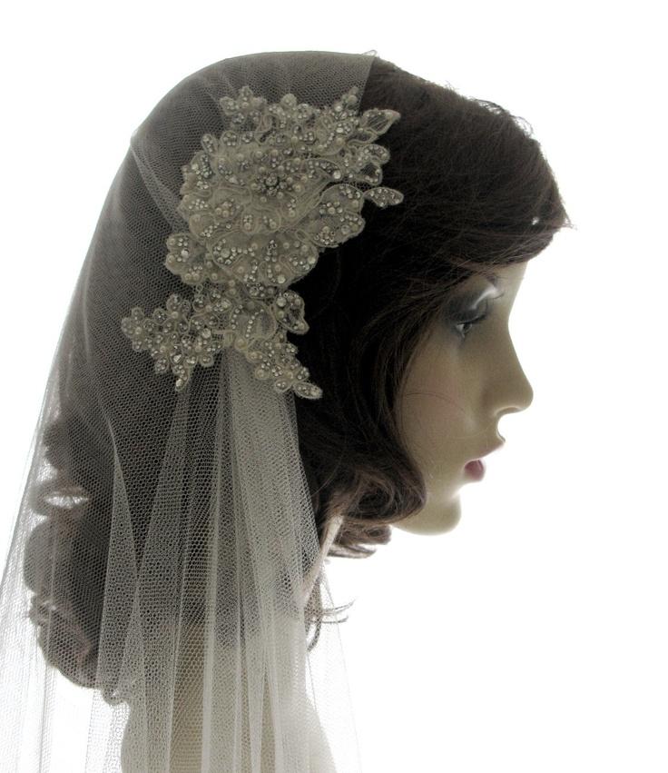 Hochzeit - Couture Bridal Cap Veil -1920s Wedding Veil - Dentelle Pearl Luxe
