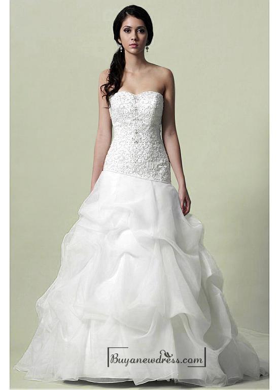 Hochzeit - Beautiful Satin & Organza Satin A-line Strapless Sweetheart Drop Waistline Beaded Embroidery Pick-up Wedding Dress