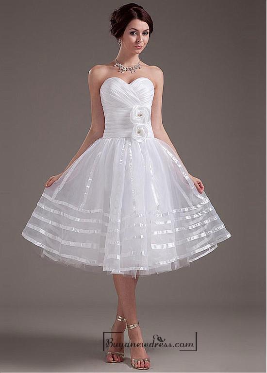 زفاف - Beautiful Taffeta & Organza & Tulle & Mercerized Belt A-line Sweetheart Tea Length Wedding Dress