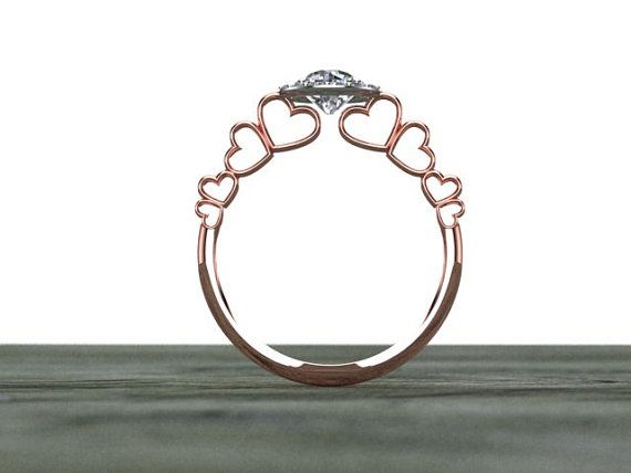 Hochzeit - Diamond Halo Engagement Ring Connected Heart 14K Rose Gold 14K White Gold