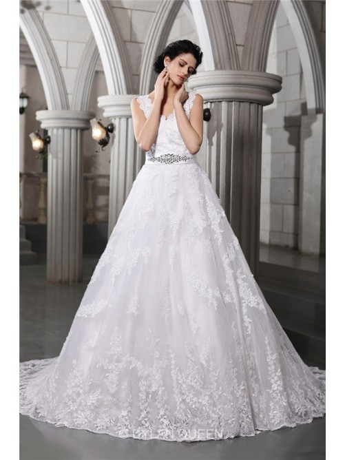 Свадьба - Gorgeous A-Line/Princess V-neck Sleeveless Beading Applique Chapel Train Organza Wedding Dress