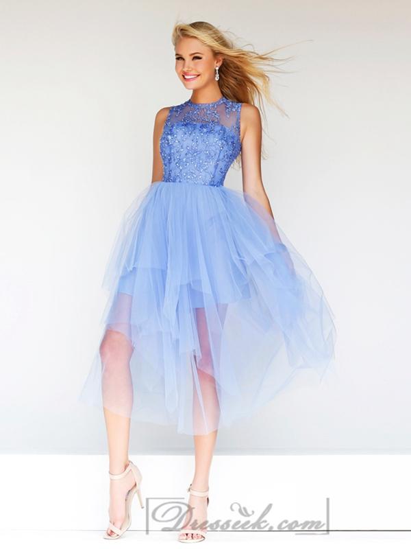 Hochzeit - Sheer High Neck Beaded Bodice Knee Length Prom Dresses with Fairy Skirt