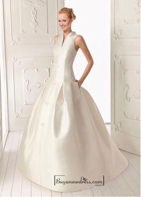 Hochzeit - Beautiful Satin ball gown V-neck Natural Waist Wedding Dress With Handmade Flowers