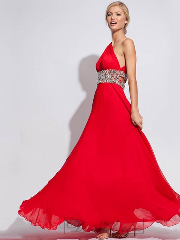 زفاف - One shoulder Chiffon Long Prom Dresses with Embellishment Waist