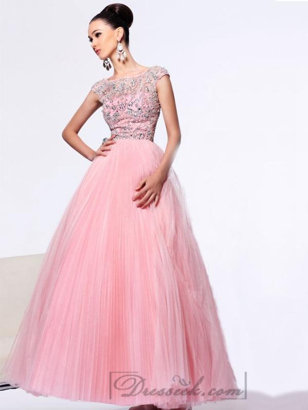 Mariage - Cap Sleeve A-line Beaded Bodice Long Prom Dresses with V-back