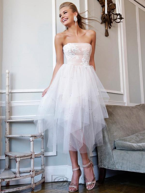 Hochzeit - Ivory Strapless Floral Embellished Bodice Tea Length Prom Dresses