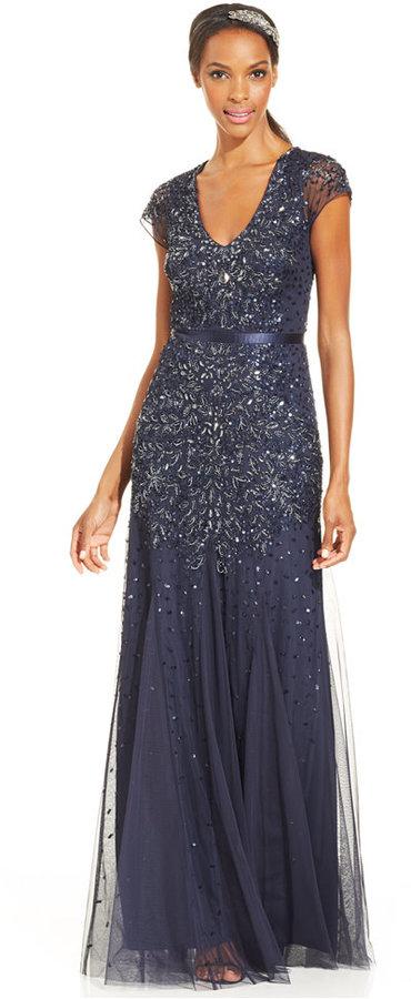 Mariage - Adrianna Papell Cap-Sleeve Embellished Gown