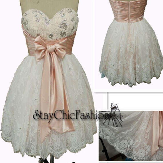 Hochzeit - White Pearl Rhinestone Top Bowtie Waist Lace Short Prom Dress Sale