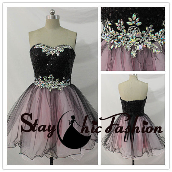 Wedding - Black Pink Sequined Top Rhinestone Beaded Waist Two Tone Party Dress