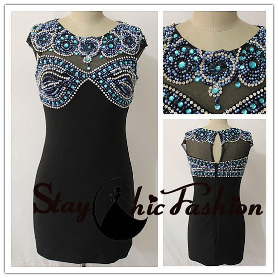 Wedding - 2015 Jewels Beaded Mesh Top Black Short Fitted Jersey Prom Dress Sale