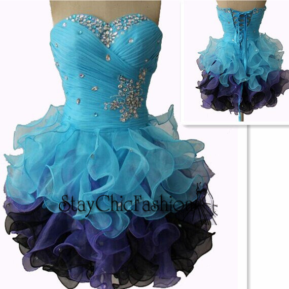Mariage - Blue Purple Ruffled Short Pleated Beaded Corset Top Prom Dress Cocktail Dress