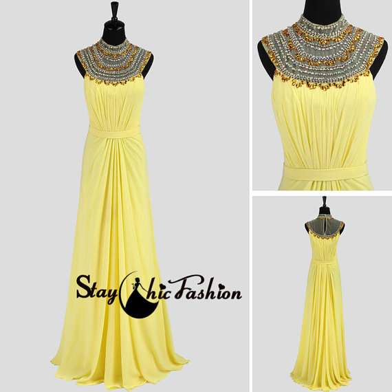 Hochzeit - Jeweled Sheer High Neck Yellow Long Chiffon Formal Dress 2014