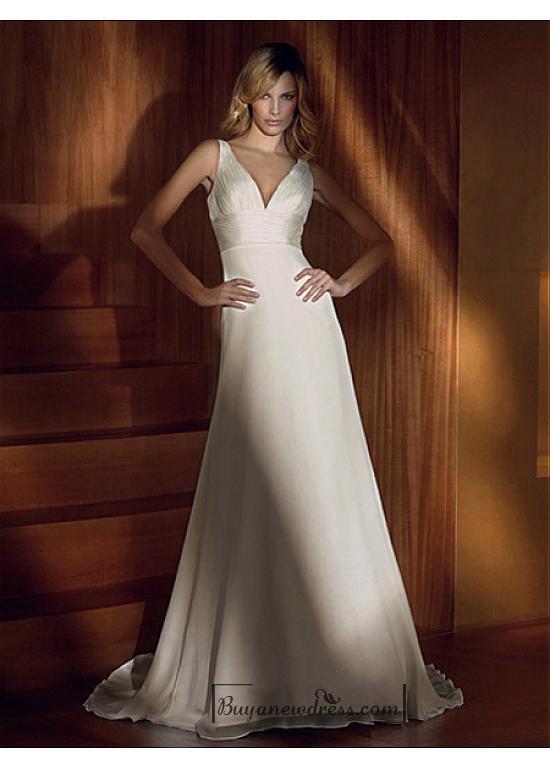 Mariage - Beautiful Elegant Satin & Chiffon A-line V-neck Wedding Dress In Great Handwork