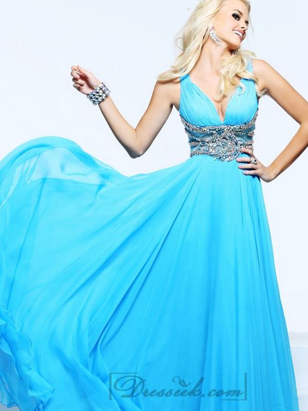 Wedding - Plunging V-neck and V-back Long Prom Dresses with Beaded Waist