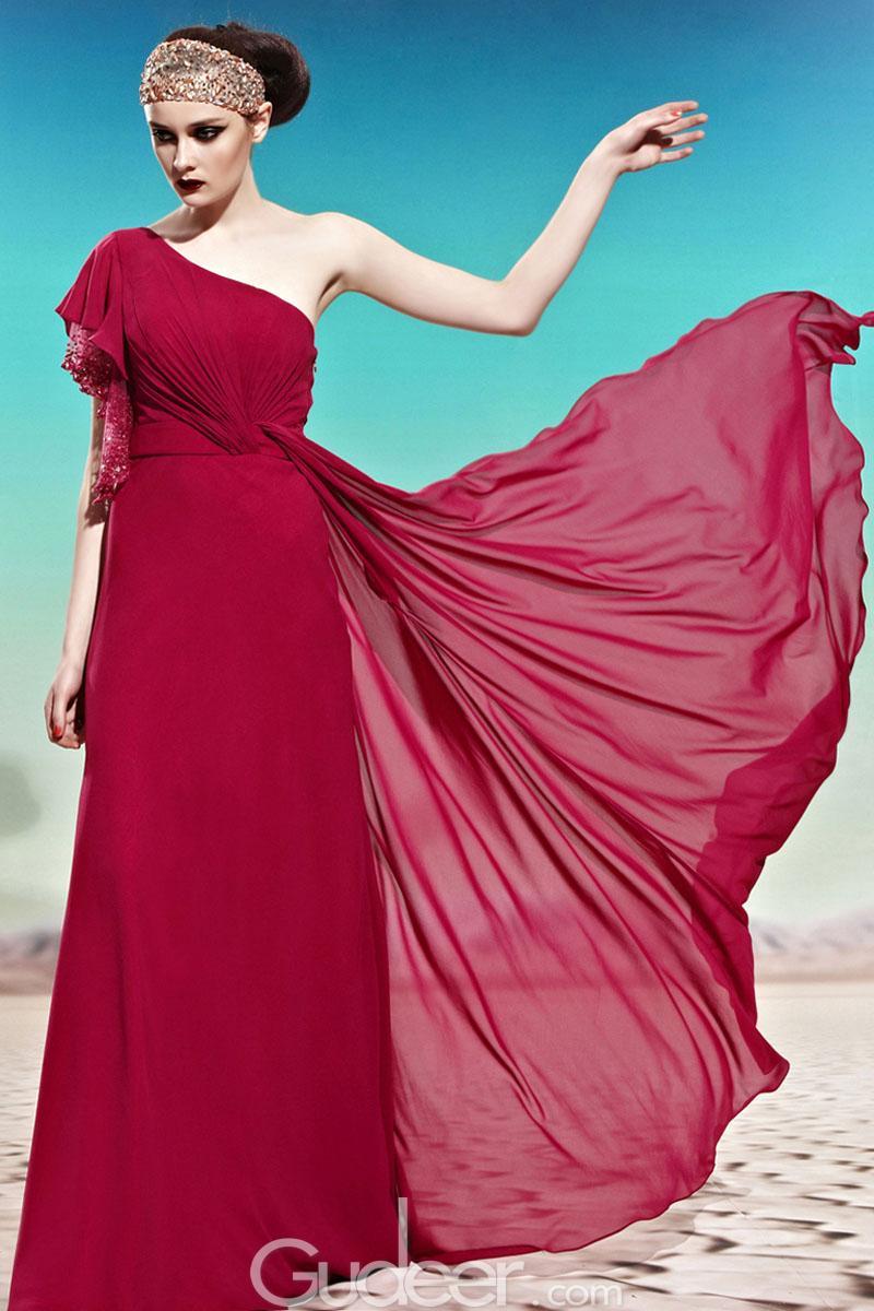 زفاف - Virtual Pink One-shoulder Ruched Embroidered Long Prom Dress