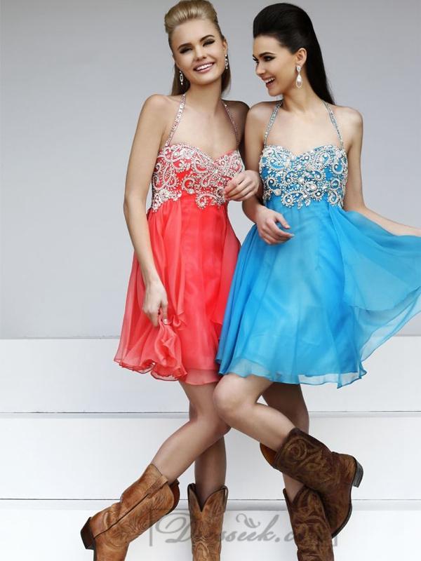 Mariage - Short Halter Beaded Sweetheart Prom Dresses with Layered Skirt