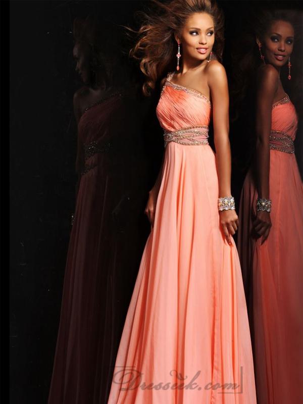 Mariage - Beaded One-shoulder Draped Long Prom Dresses with Beaded Empire Waist
