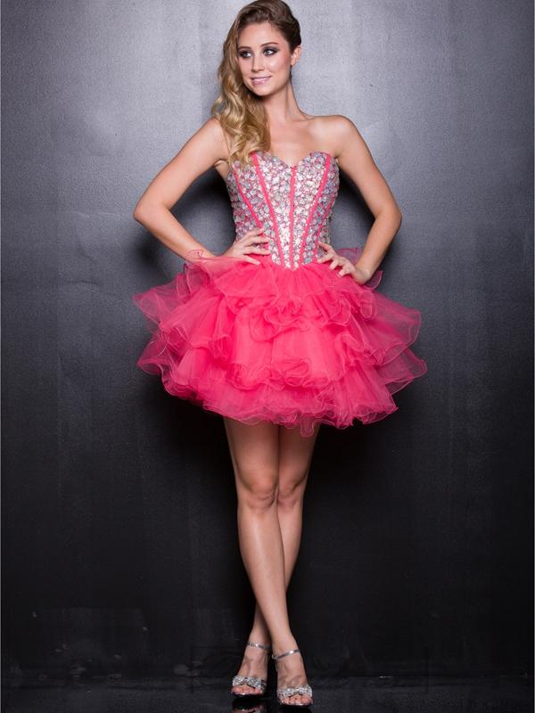 Wedding - Watermelon Sweetheart Beaded Tulle Short Prom Dresses with Layers Skirt