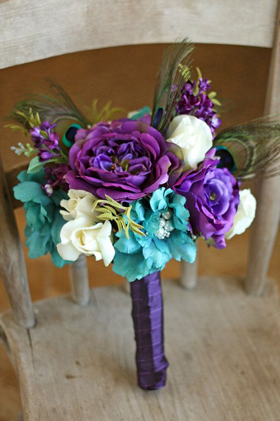 Hochzeit - Custom Listing For Kapin - Plum And Teal Jeweled Peacock Wedding Bouquet