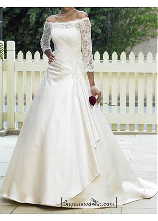 Mariage - Beautiful Elegant Satin & Lace A-line Off-the-shoulder Wedding Dress In Great Handwork