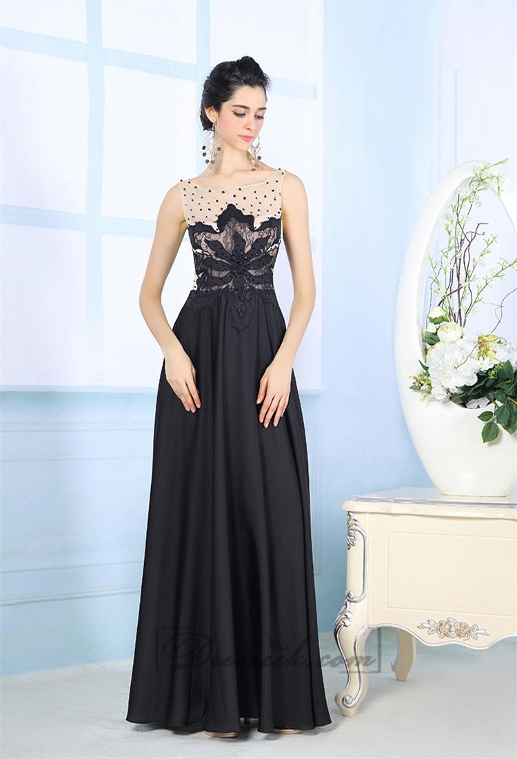 Mariage - Black Illusion Boat Neckline Embroidered Floor Length Prom Dresses