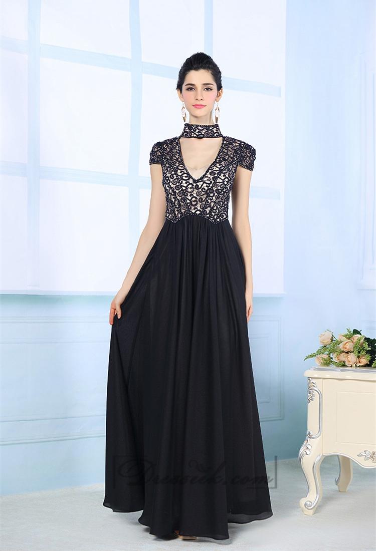 زفاف - Short Sleeves V-neck and V-back Prom Dresses with An Elegant Circle Neck