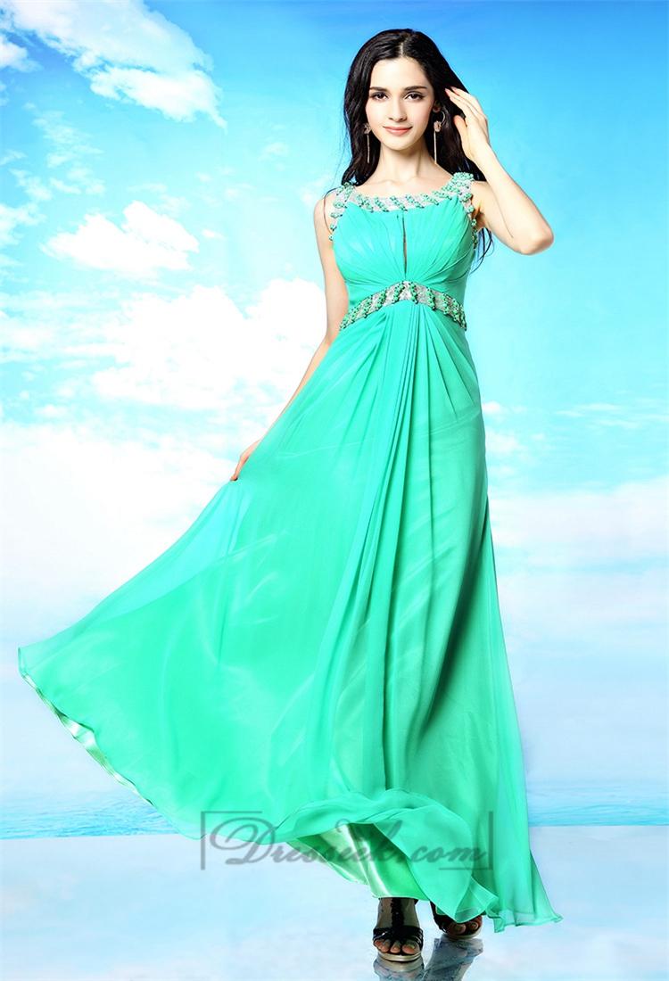 زفاف - Blue Green Beaded Bateau Neckline Prom Dresses with Keyhole Back