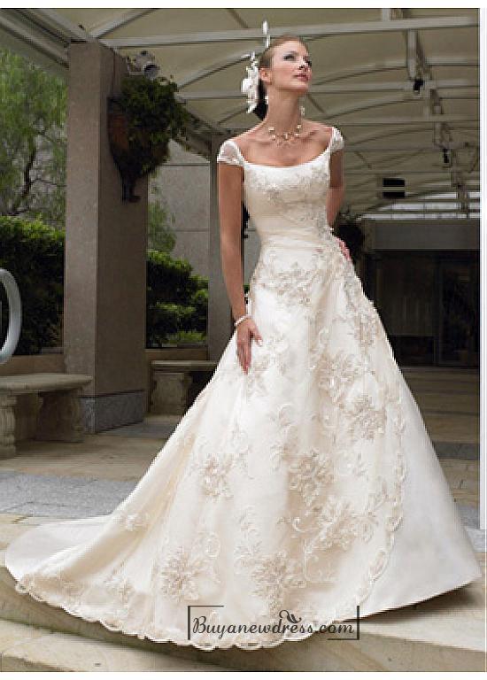 زفاف - Beautiful Elegant Satin & Tulle A-line Bateau Wedding Dress In Great Handwork