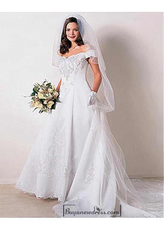 Mariage - Beautiful Elegant Satin A-line Off-the-shoulder Wedding Dress In Great Handwork