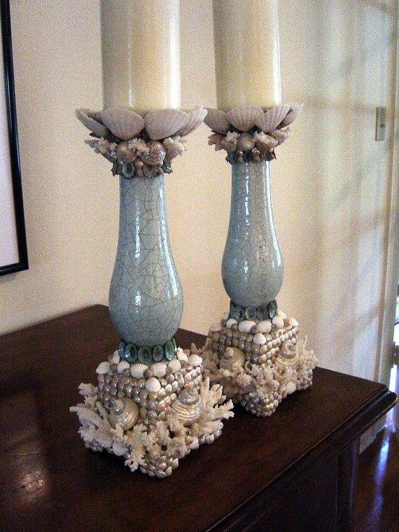 Hochzeit - Beach Decor Elegant Coral And Shell Candlesticks