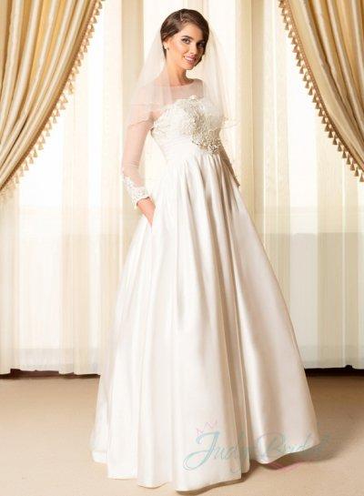 Wedding - sheer tulle top back 3/4 length sleeved wedding dress